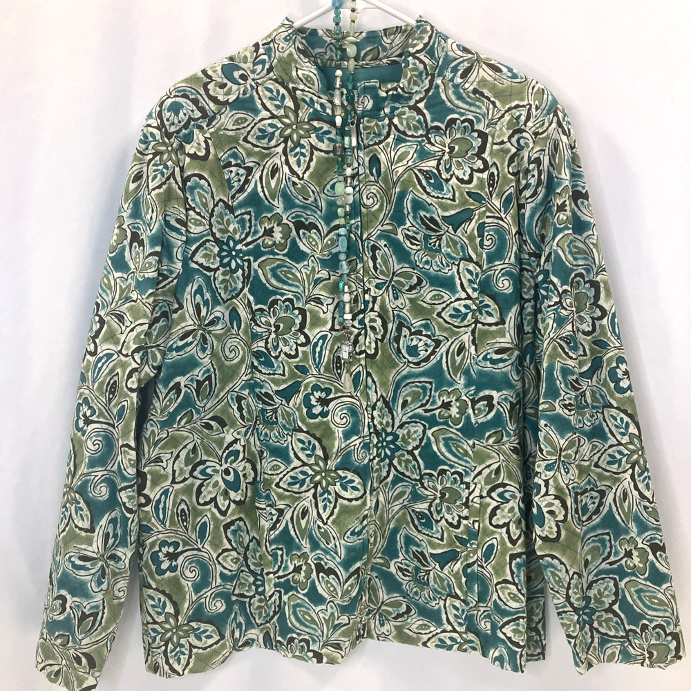 Alfred Dunner Quilted Jacket Blue Green Women's Size 18 100% Cotton w/ Necklace